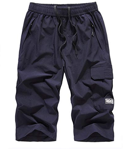 VYLYNL Långa badshorts män – 3/4 längd strandshorts lätt last combat kort snabbtorkande andningsbar plusstorlek lös passform sommar sport kort för gym träning löpning promenader vandring, Mörkblått, L