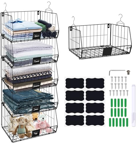ZPONEED 5 Stück Schwarz Schrankorganizer, Metall Hängeregal, Schrank Organizer Ordnungssystem, Hängeorganizer, Hängesystem Hängeaufbewahrung, Faltbar und Platzsparend Stapelbare Kleiderschrank