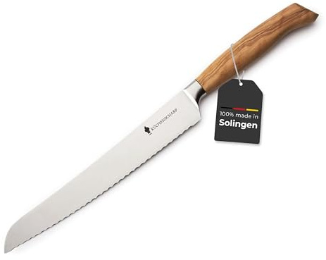 KÜCHENSCHARF Profi Brotmesser 20 cm mit Olivenholzgriff - Ergonomisches Kochmesser aus 100% Edelstahl für Profi- und Hobbyköche - ideal für Fleisch, Obst & Gemüse - Geschenkset