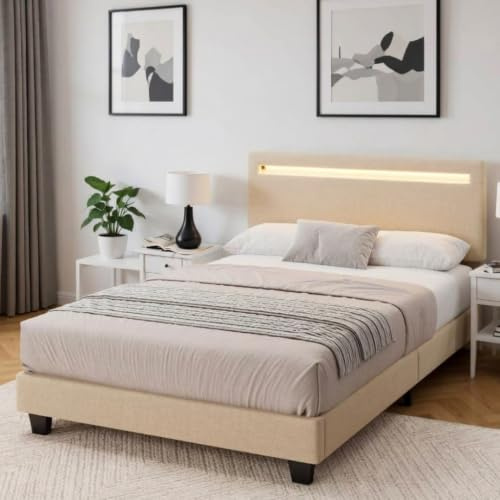 Blishom Letto imbottito 120x200cm con luce LED, Letto a piattaforma imbottito, Struttura in ferro, Testiera imbottita, Bse robusta, Adatto per camere degli ospiti (Beige)