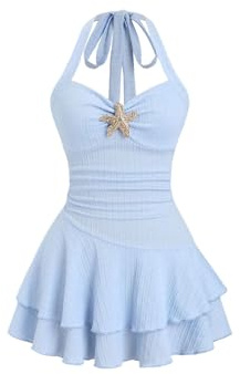 GORGLITTER Women's Halter Tie Backless Tiered Ruffle Dresses Metal Decor Ruched A Line Swing Mini Party Club Dress