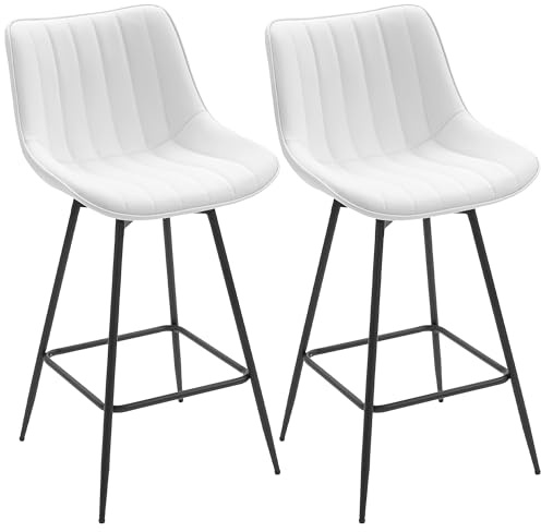 HOMCOM Juego de 2 Taburetes de Bar Giratorios, Taburetes Altos de Cocina con Respaldo Curvado y Reposapiés, Tapizado en PU, Marco de Acero, Sillas Altas de Cocina para Comedor, Salón, Blanco