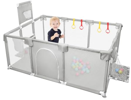 Homewell Säker babypark 180 x 120 x 66 cm, lekplats, lekbarriär med dragkedja på sidan, 4 handtag ingår, basketkorg och 50 havsballonger (ljusgrå)