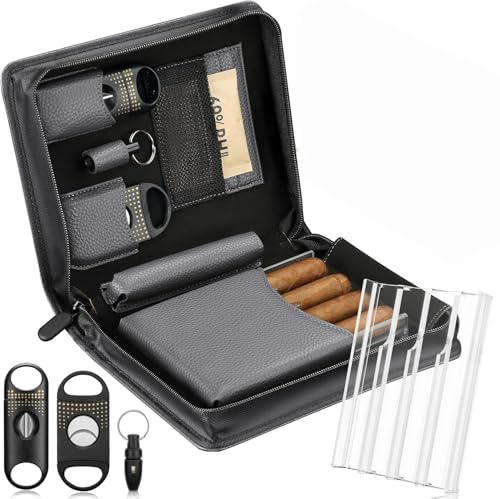 Racocou Lädercigarreseset med humidor, inkl. 2 giljotinskärare, stans, fuktighetsförpackningar, akrylbricka och multifunktionellt fodral – Perfekt present till män,Grey