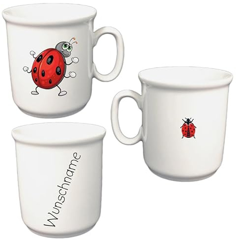 Kindertasse mit Namen Personalisierte Tasse aus Porzellan für Kinder Kakaobecher Tiermotive personalisierbar mit Wunschname Name Kindergeschirr mit Namen personalisiert (Marienkäfer)