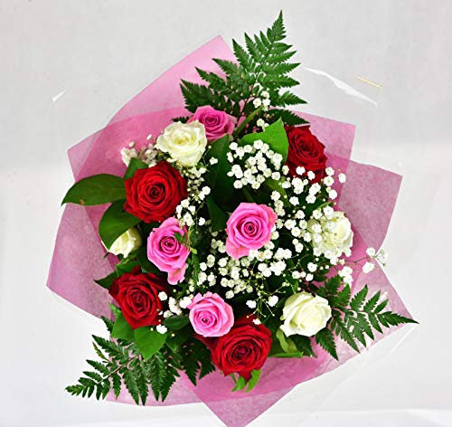 Heaven Bouquet Fresh Red - Pink - White Roses, Gypsophila, Seasonal Arrangement for Weddings, Birthdays, Anniversaries, Sympathy, Gift Floral Celebration