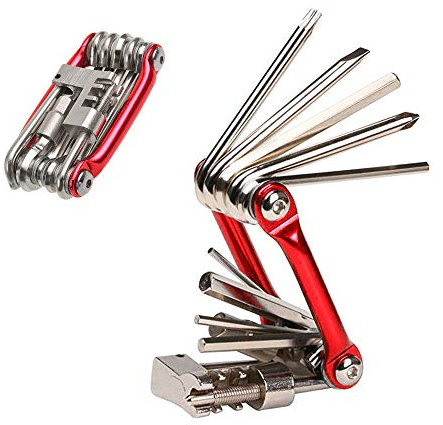 Aiqeer 11 in 1 Multifunction Bike Repair Tool, Portable Foldable Bicycle Repair Tool, Compact Mini Bike Maintenance Tool Kit (Red)