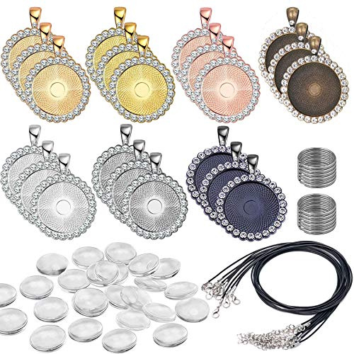 Allazone 25MM Strass Anhänger Tablett mit Glas Cabochon, Anhänger Tablett Schlüsselbund und Schwarzes Wachsseil für die Herstellung von DIY Schmuck (62 Stück)