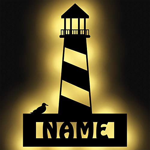 Namofactur personalisierte Wandlampe Leuchtturm aus Holz mit LED-Licht | Mit Wunschname und batteriebetriebener Beleuchtung – maritime Namensdeko für Kinder, Erwachsene und Wohnräume