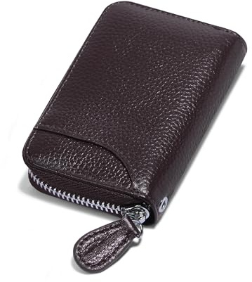 Womens Credit Card Holder Small RFID Blocking Ladies Wallet with Stainless Steel Zipper Excellent Genuine Leather Accordion Wallets Case for Women ID Compact Slim Blocked Zip Accordian Cards Coffee