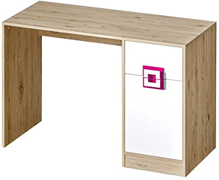 Marmex Nico N10 Großer Schreibtisch mit Schrank - Schreibtisch mit Schublade für Arbeit, Arbeitszimmer, Jugendzimmer, Kinderzimmer - Computertisch - Eiche Hell + Weiß + Rosa - 120x78x50cm