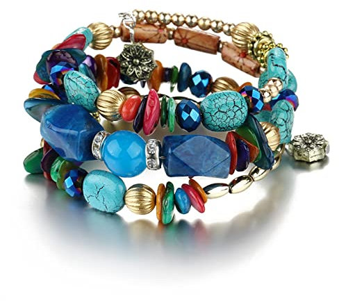Kicomvi Boho-Armband, mehrschichtig, unregelmäßig, Achat, handgefertigt, mehrfarbig, Kristall, Türkis, Wickelarmbänder für Damen, Mädchen, Yoga-Schmuck, Kristall, Kristall, Kristall, Kristall