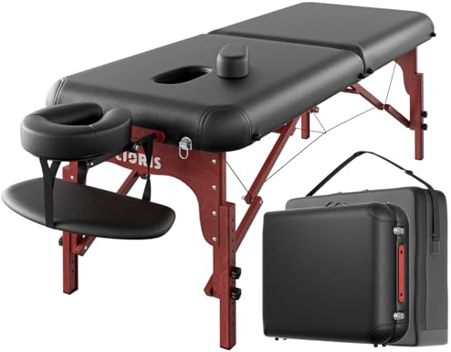 CLORIS Professionelle Massageliege, tragbar, 2 zusammenklappbar, leicht, für Gesichtssalon, Spa, Tattoo-Bett, höhenverstellbar, mit Tragetasche und Holzbeinen, hält bis zu 499 kg