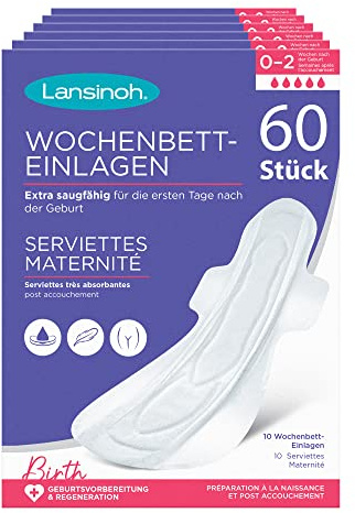 Lansinoh Wochenbett-Einlagen - 60 Stück - extra saugfähig & atmungsaktiv - Wochenbett Binden für starken Wochenfluss & die ersten Tage nach der Geburt
