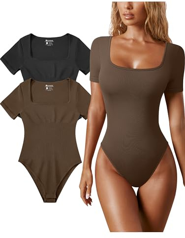 OQQ Damen 2 Stück Bodys Sexy Gerippt Einteiler Quadratischer Ausschnitt Kurzarm Bodys