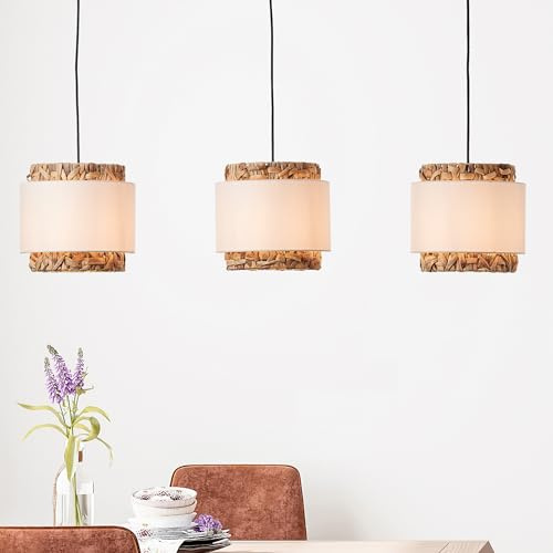 kürzbare Nature Hängelampe - Pendelleuchte mit Wasserhyazinthe / Stoff | 3 flammige Hängelampe - höhenverstellbare Nature Stoff Pendelleuchte - 3 x E27 max. 60 W - 120 cm Höhe & 110 cm Breite - aus