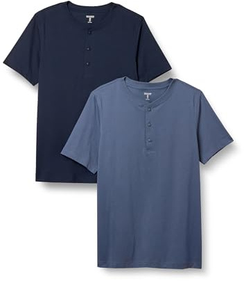 Amazon Essentials T-Shirt Henley en Coton à Manches Courtes Homme, Lot de 2, Bleu Jean/Bleu Marine, L