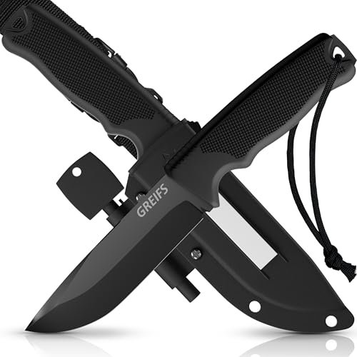GREIFS® Outdoor-Messer G-Serie aus 440C Stahl mit Holster & Dangler, edles Survival Messer für die Bushcraft Ausrüstung, Jagdmesser, Schnitzmesser, Angelmesser (G7/Schwarz)