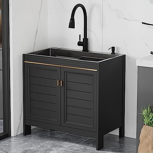 Lavandino Cucina Nero in Acciaio Inox,Lavello Lavatoio 1 Vasca,Mobiletto Sottolavello Cucina,Lavabo Bagno con con Rubinetto e Dispenser Sapone,per Garage Ristorante Lavanderia,Moderno ed Elegante (Co