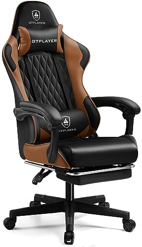 GTPLAYER Gaming Stuhl, Gamer Stuhl, Ergonomischer Bürostuhl mit mit Fußstütze verstellbare Lenden und Kopfkissen, Gaming Chair Gepolstert, Gaming Sessel 150 kg, braun