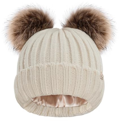Hat Hut Berretto Bambino Invernale Foderato in Raso per Capelli, Bambini Caldo Cappello a Maglia Pompon Morbido Beanie per Ragazzi Ragazze (IT, Testo, Taglia Unica, B2-Beige 2 Poms)