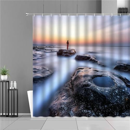 Guofuos Duschvorhang Küsten 250x120cm Duschvorhäng Anti Schimmel,Wasserabweisend Stoff Duschrollo Waschbar,3D Draussen Bad Vorhang Schnell Trocknend,Badewanne Badezimmer Decor Vorhänge