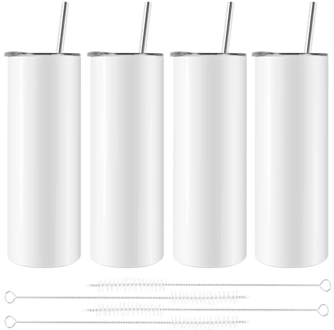 Littlecatch 4 Pack Sublimation Cup, Sublimation Blanks Skinny Tumbler 20 Oz Skinny Straight, Stainless Steel Sublimation Blanks Skinny,with Lid and Straw