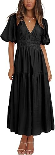 Woolicity Womens Summer Maxi Dress Wrap V Neck Short Sleeve Beach Flowy Long Dresses Black M