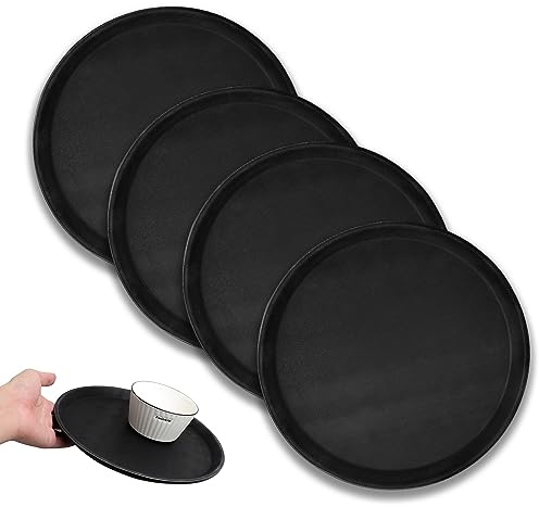 4 Stück Kellner Tablett Rund rutschfest 28 cm, Serviertablett Schwarz | Rundes Tabletts mit Rutschmatte für Servier