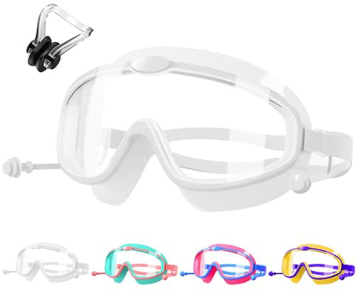HINATAA Occhialini Nuoto Bambini con tappi per le orecchie,Occhiali Subacquei immersione Bambino con clip per il naso,Anti Nebbia Occhialini Piscina Bambino ragazzi e ragazza 3-8 anni (Bianco)