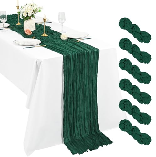 6 Pack Emerald Green Cheesecloth Table Runner 10Ft Boho Gauze 21×120 Inch Rustic Romantic Long for Wedding Party Bridal Shower Thanksgiving Christmas Decoration