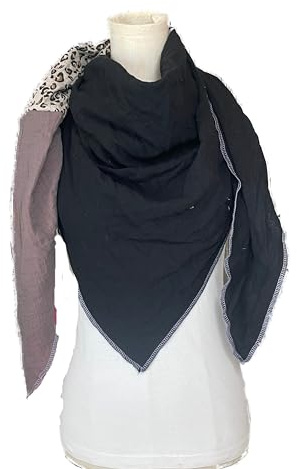 Musselintuch Leo print beige schwarz Grau Malve mehrfarbiges Einzelstück Dreieckstuch Halstuch Damen XXL Wickelschal Tuch Stola Handmade Schal einlagig