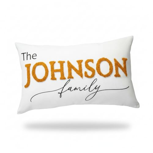 Custom Family Name Embroidered Throw Pillow Case – Personalized Last Name, Monogram, or Est. Date – Handcrafted Home Decor with Punch Needle & UV Print – Great Gift for Housewarming or Anniversaries
