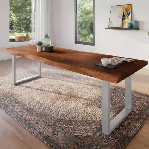 trelevo Esszimmertisch 260x100 cm Akazie nussbaumfarben U-Gestell Baumkante | Akazienholz massiv, Tischplatte, Silber, Baumkantentisch