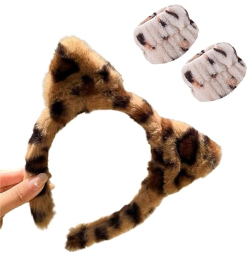 1 Stück Stirnband Damen, 2 Stück Gesichtswasch Handgelenk, Haarband Kosmetik Stirnband,Wiederverwendbares Haarbänder Make up aus Schwamm, Haarbänder für Make-up (Leopardenmuster-Stil)