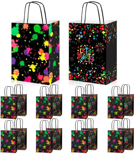 16 Stück Glow Neon Party Geschenk Taschen, Mitgebsel Tüten Kindergeburtstag, Papiertüten mit Henkel, Papiertüten mit Henkel Klein, Papiertüten Klein für Neon Fasching Geburtstagsdeko Partytüten