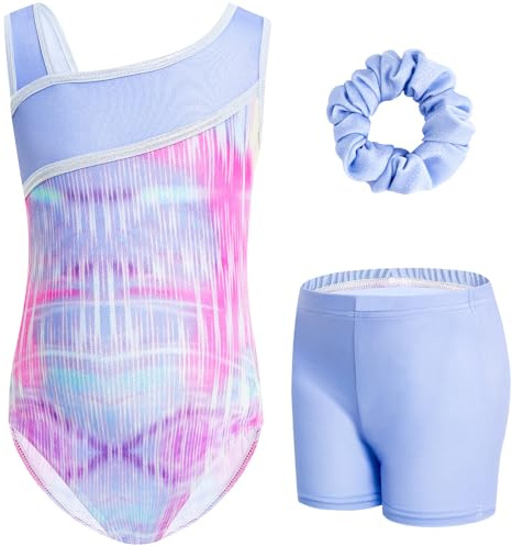 Gogokids Ensemble de gymnastique 3 pièces pour fille, Col en Y, Sans manches, Avec short et bandeau, Tenue de gymnastique dansante, Avec motif blocs de couleurs bleu et violet, 3-12 ans
