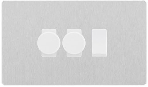 BG Evolve Brushed Steel 3 Gang Custom Grid Switch 2x LED Dimmer 1x 2 Way Switch