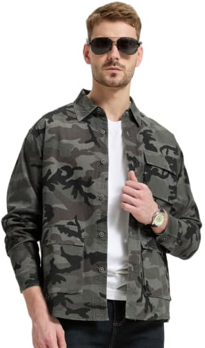 Sungerdasa Camicia da Lavoro Uomo in Cotone Militare Mimetico con Multi Tasche Maniche Lunghe Camicia Tattica Vintage per Trekking Caccia Casual Giornaliero