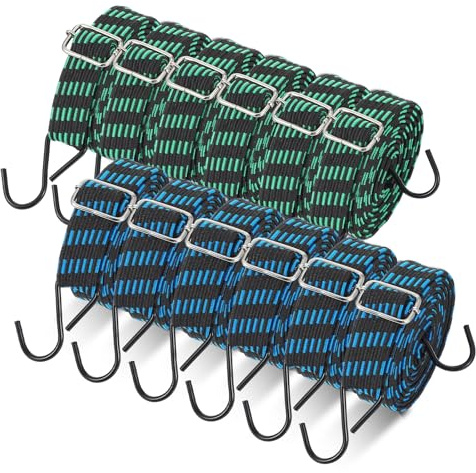 12 Pcs 80 Inch Adjustable Flat Bungee Cords with Hook Heavy Duty Elasticity Long Bungee Straps 1 Inch Width Latex Straps Anti Rust Metal Buckle Luggage Rope for Moving Luggage(Green&Black, Blue&Black)