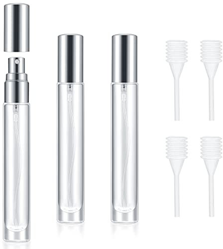 4 Pcs 10ml Portable Travel Perfume Atomiser Refillable Perfume Bottle Spray Bottles, Small Glass Aftershave Travel Bottle Atomizer Dispenser for Women Men Pocket Handbag, with 4 Drippers(Silver)