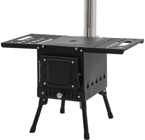 Réchaud de camping pliable en acier au carbone pour camping, randonnée et activités de plein air, hauteur réglable (36 à 56 cm), pour bois de chauffage et charbon, compact et léger