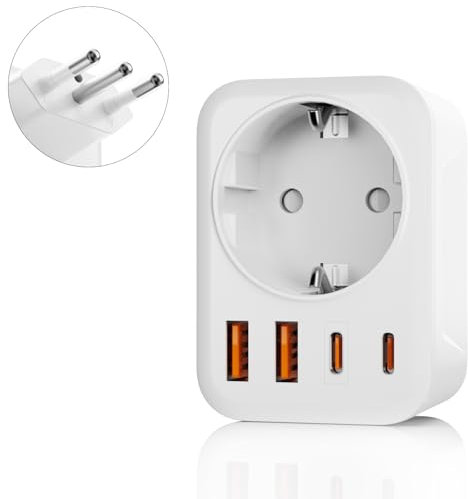 Adattatore Italia, Adattatore da Viaggio 5 in 1 Italia con 1 CA e 2 USB-C e 2 USB-A (3,4 A), Spina da Viaggio a 3 pin Italia per Cile, Uruguay, Etiopia, Eritrea, Siria, Spina da Viaggio Tipo L