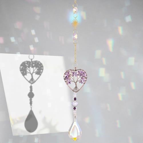 Sahoottie Amethyst Crystal Sun Catcher for Windows Hanging Crystal Christmas Decorations Ornaments Purple Heart Tree of Life Crystals Sun Catcher for Garden