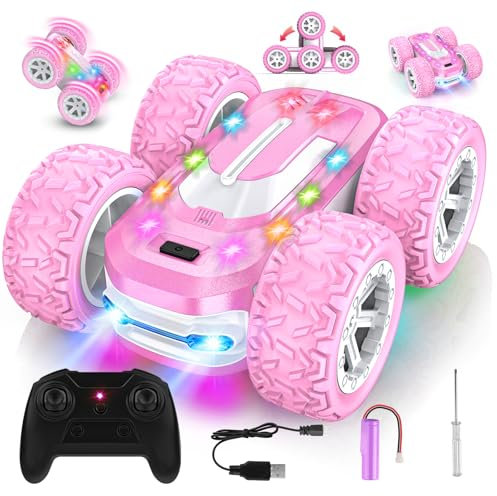 Macchina Telecomandata Bambina, 4x4 Acrobatica Macchinina con LED, RC Auto Radiocomandata Remote Control Car Giocattoli, Compleanno Regalo Bambini 6 7 8 9 10 Anni Giochi Bimba, Rosa Monster Truck