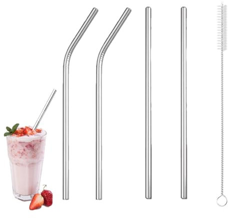 Pack of Four Stainless Steel Straws and Brush Set– 8.5” Straight & Bent Reusable Metal Milkshake Straws for 8-16oz Cups – Dishwasher Safe, Curved Design for Smoothies, Iced Coffee & Cocktails