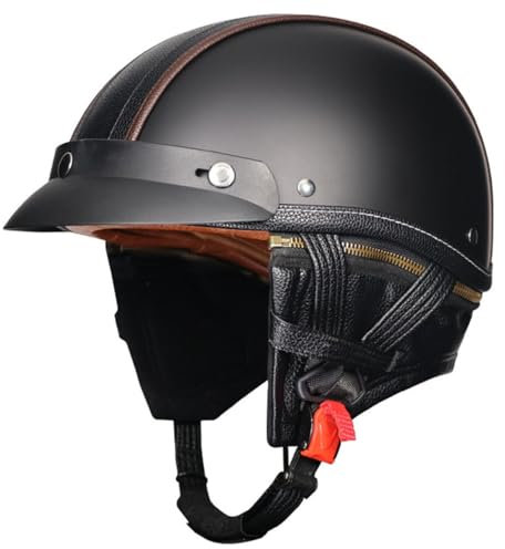 Caschi Jet Moto Vintage Omologato ECEDOT Mezzo Pelle Casco Da Motociclista Caschi Cromwell Con Tesa Rimovibile Casco A Scodella Per Uomo Donna Scooter Street Cruiser 3,M:57-58CM