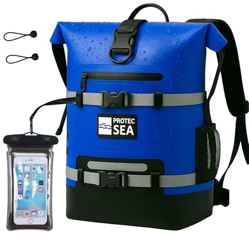 Protec Sea Waterproof Hiking Backpack Blue 30L Waterproof IPX6 | Kayak Paddle Boat Bag | Many Attachments | Front Pocket | Water Pocket | Comfortable Carry