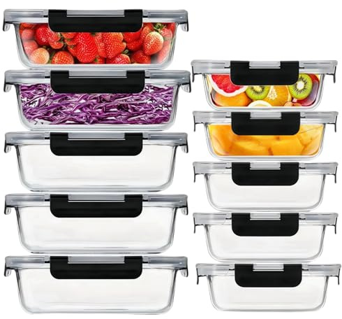 Zykphao 10pcs Glass Food Storage Containers with Lid Set, Airtight Glass Meal Prep Containers [10 Containers + 10 Lids],Lunch Bento Boxes with Leak Proof Lids for Microwave,Freezer and Dishwashe