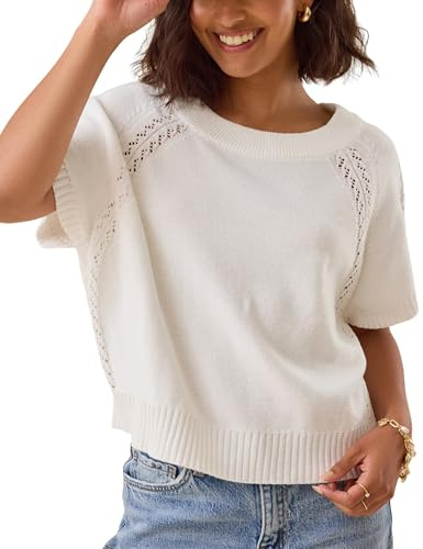 Yeokou Women Knit Crochet Top Short Sleeve Crew Neck Loose Fit Pullover Sweater Summer Fall Fashion Casual Knitted Blouse(Beige-M)